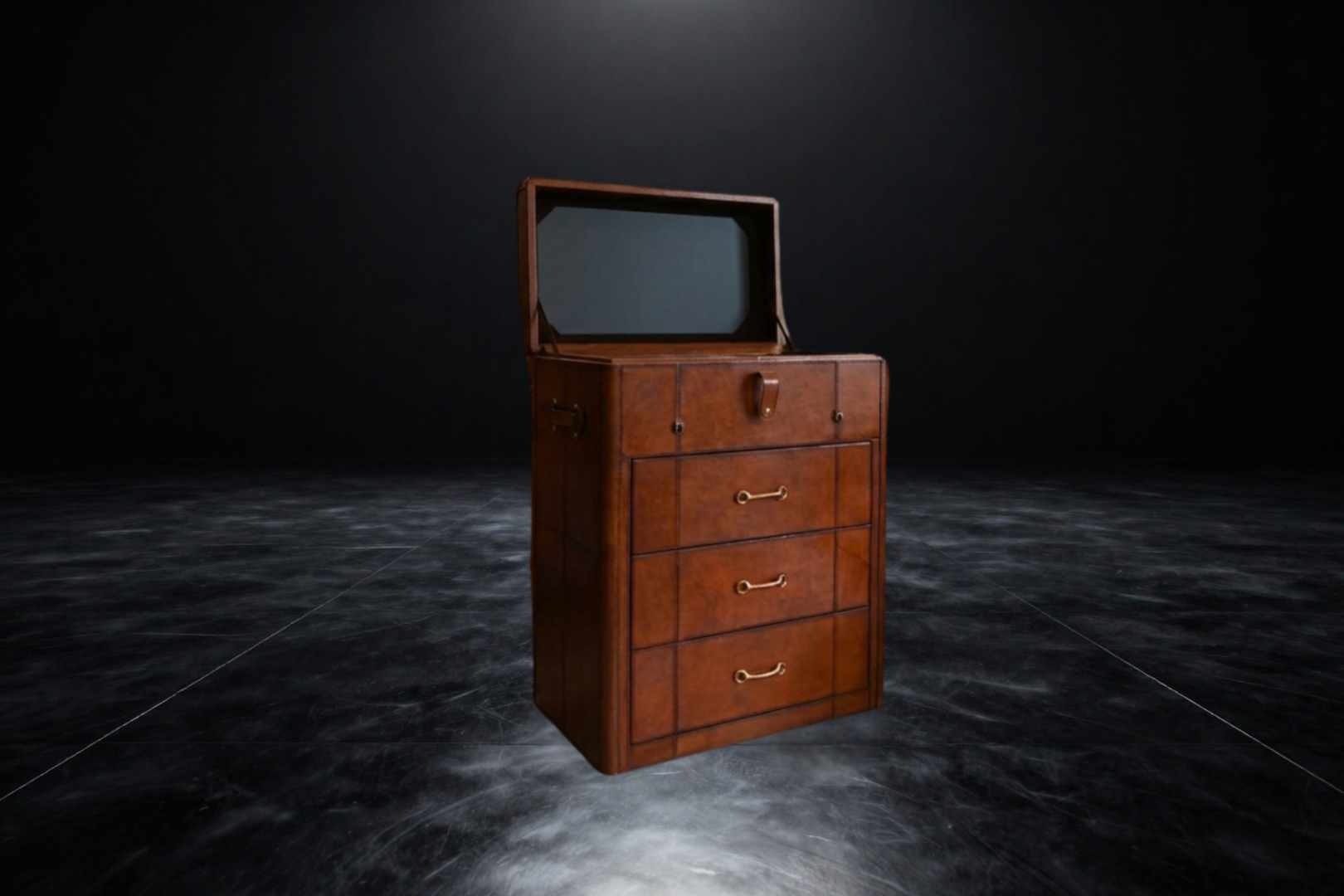 Malle-commode coiffeuse en cuir